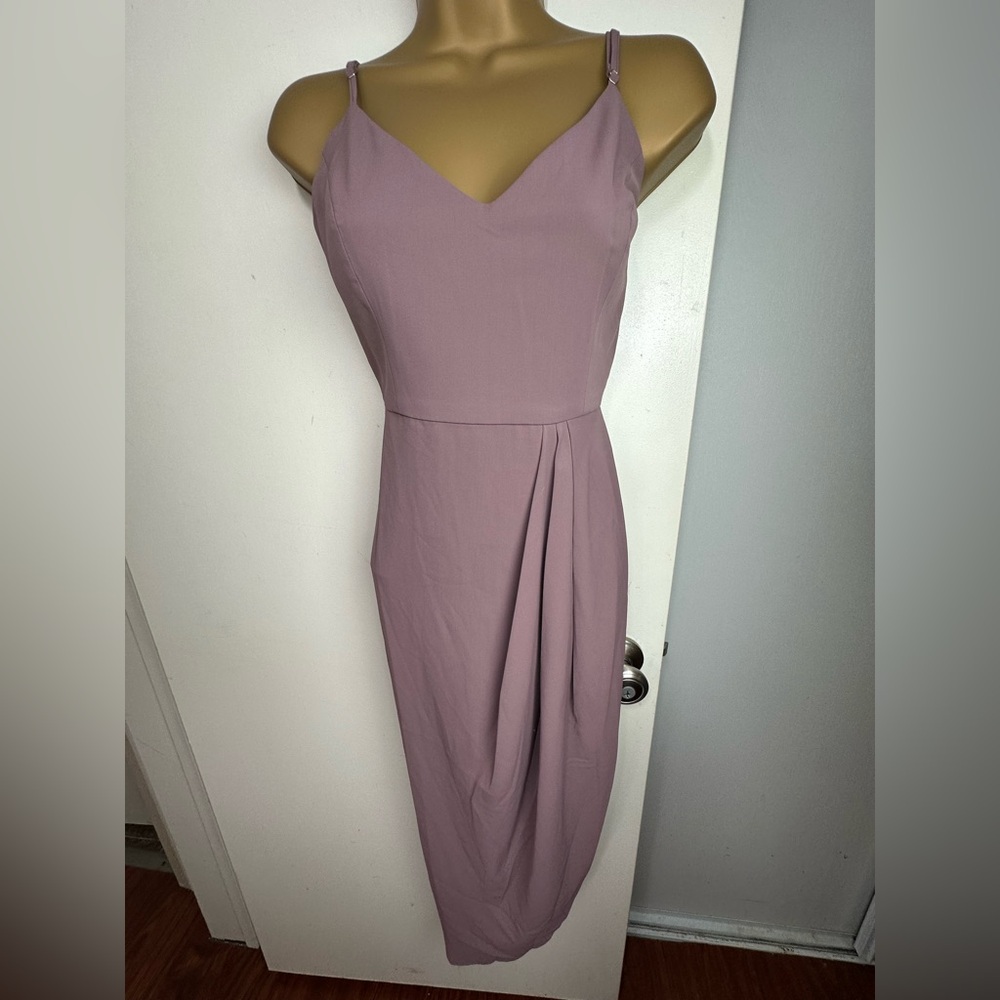 Lulus Mauve Purple Reinette Faux Wrap Silhouette Asymmetrical Midi Dress NWT M - Picture 6 of 16